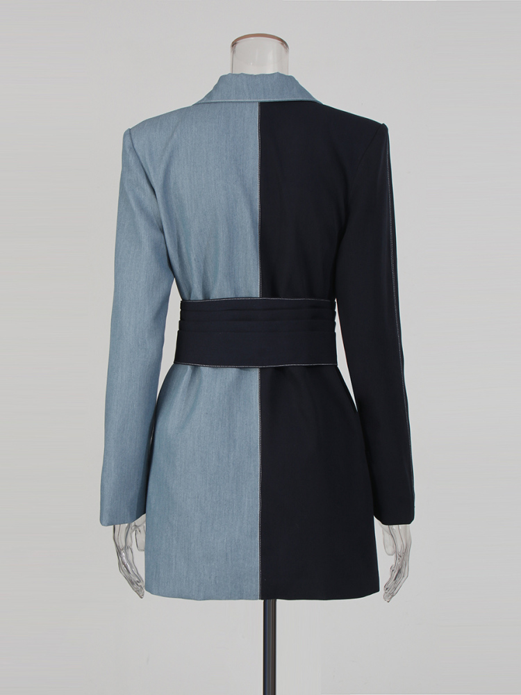 TWOTWINSTYLE Lapel Hit Color Spliced Lace Drees