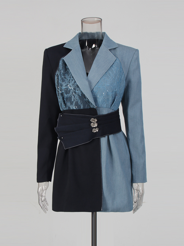 TWOTWINSTYLE Lapel Hit Color Spliced Lace Drees