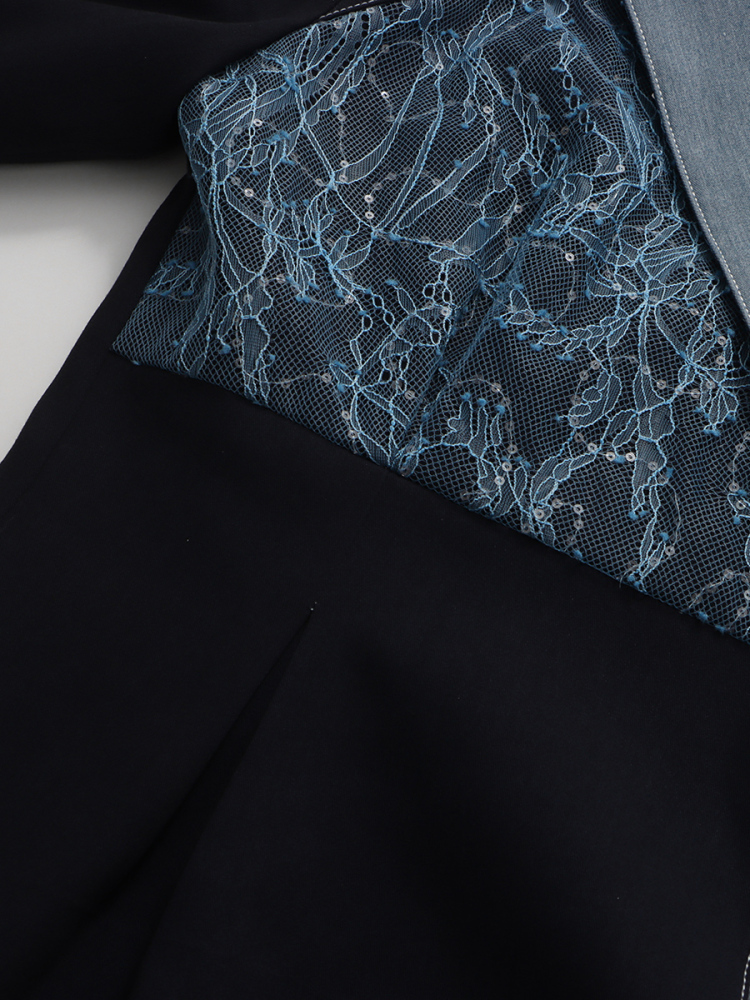 TWOTWINSTYLE Lapel Hit Color Spliced Lace Drees