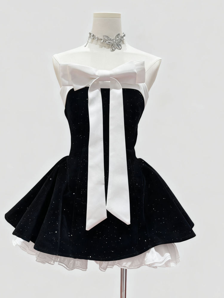 TWOTWINSTYLE Hit Color Patchwork Bowknot Elegant Mini Dress