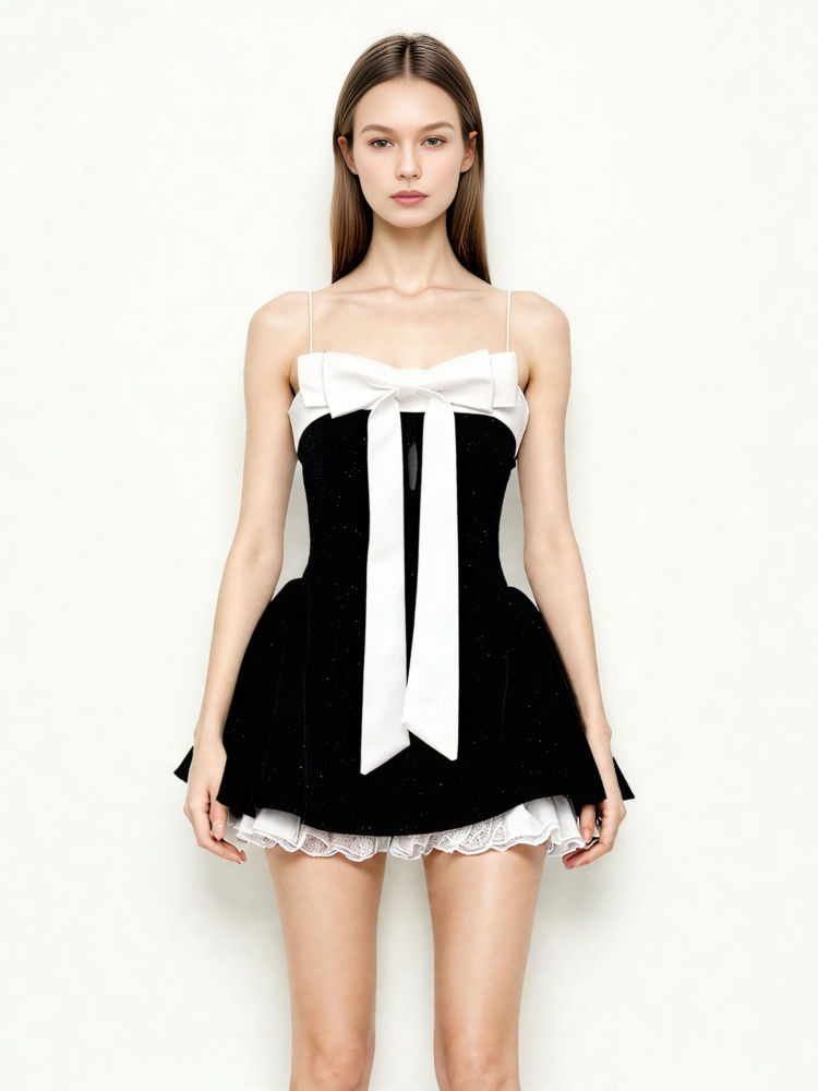 TWOTWINSTYLE Hit Color Patchwork Bowknot Elegant Mini Dress