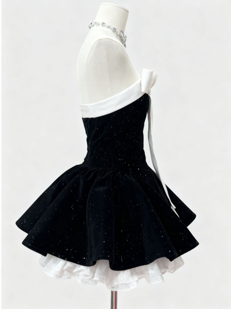 TWOTWINSTYLE Hit Color Patchwork Bowknot Elegant Mini Dress