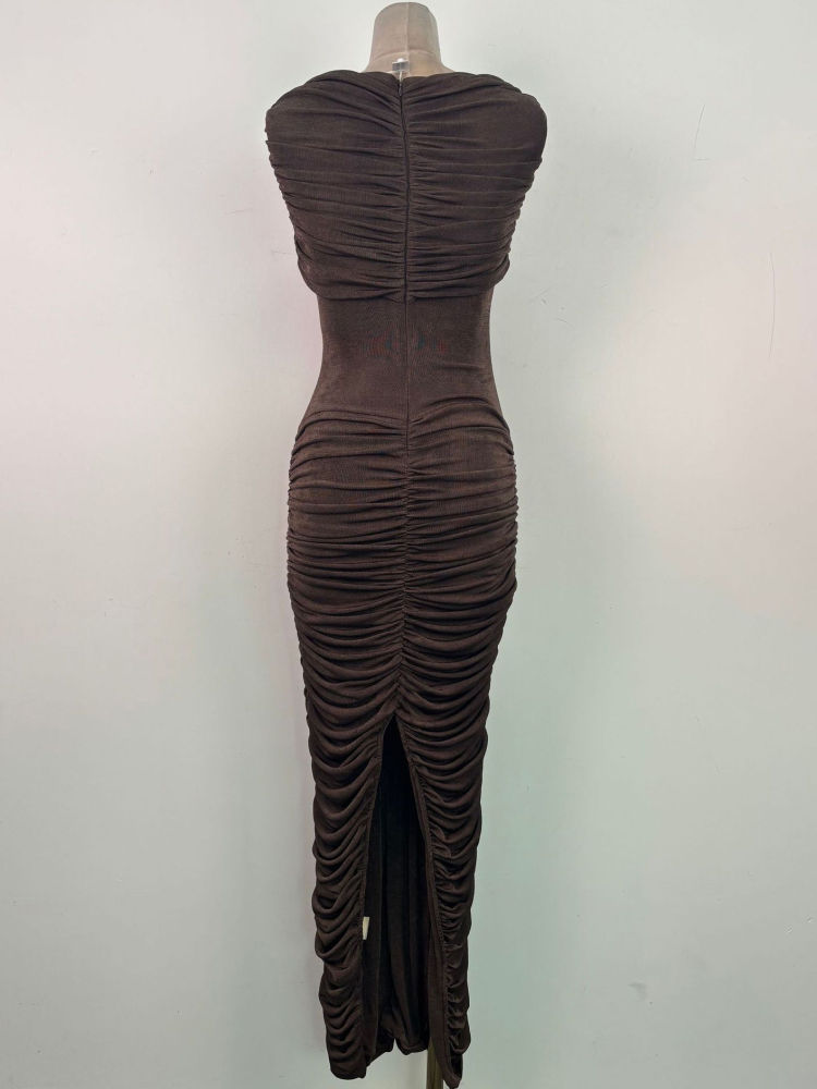 TWOTWINSTYLE Pleated Slimming Back Slit Midi Dress