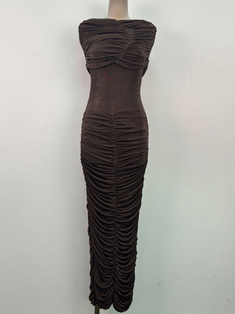 TWOTWINSTYLE Pleated Slimming Back Slit Midi Dress