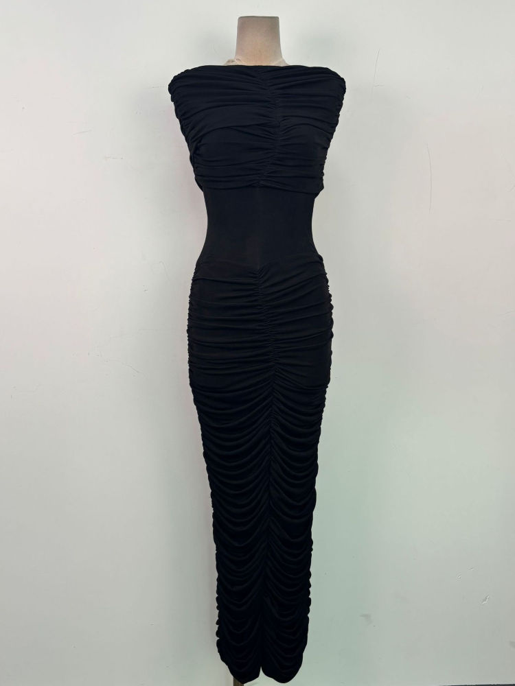 TWOTWINSTYLE Pleated Slimming Back Slit Midi Dress