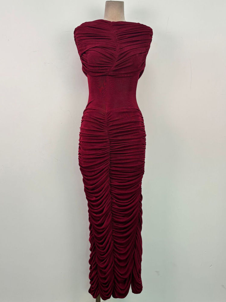 TWOTWINSTYLE Pleated Slimming Back Slit Midi Dress