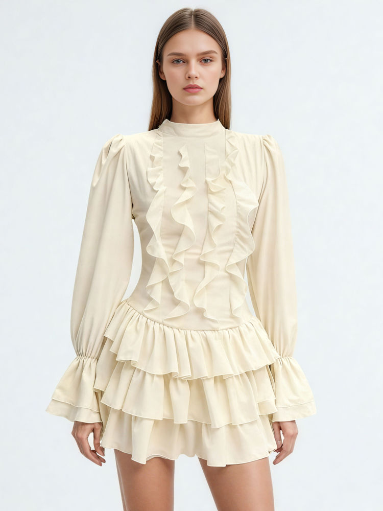 TWOTWINSTYLE Solid Tunic Stand Collar Chic Mini Dress