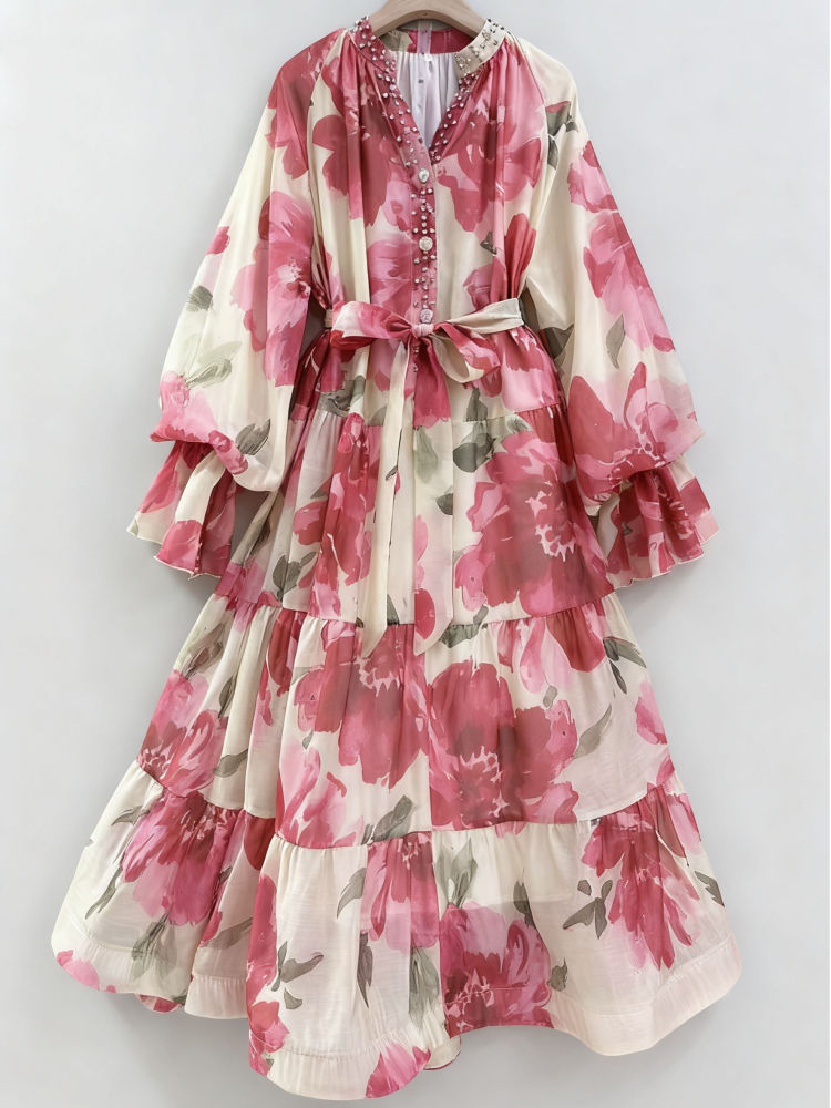 TWOTWINSTYLE Print Loose V-Neck Elegant Dress
