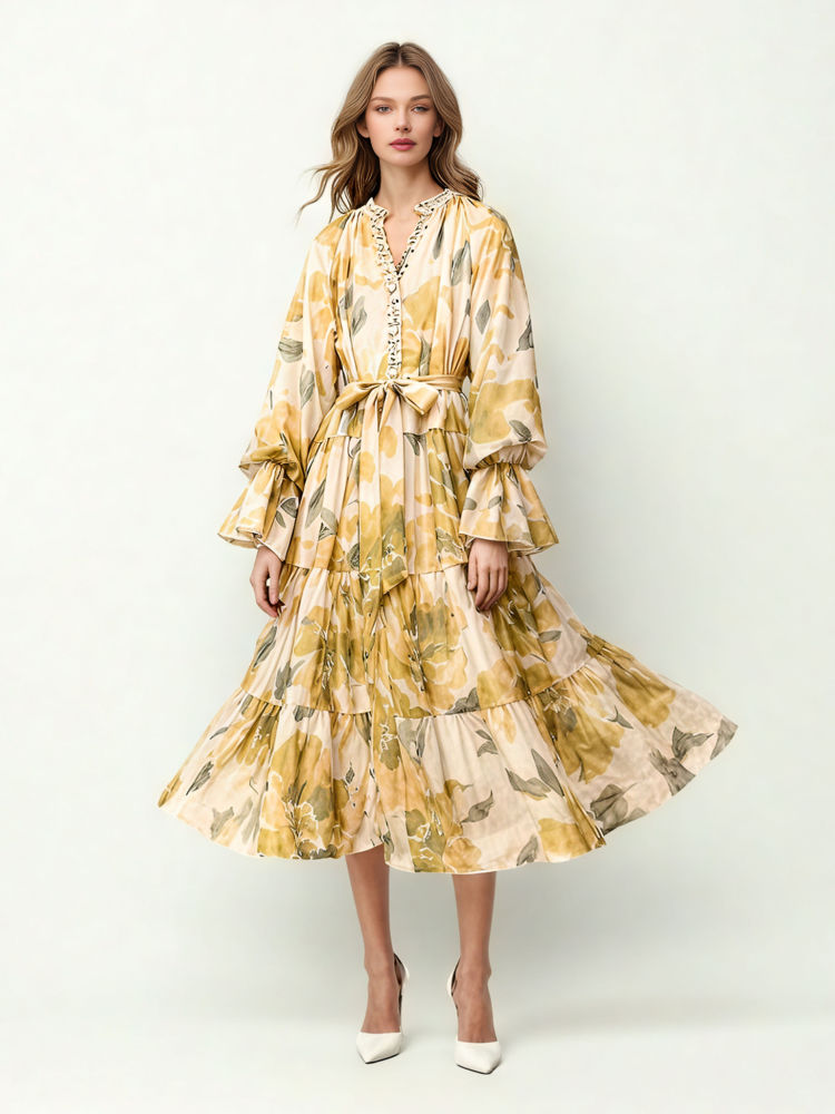 TWOTWINSTYLE Print Loose V-Neck Elegant Dress