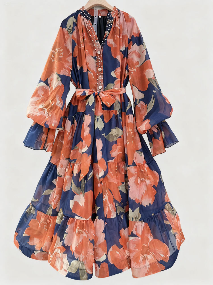 TWOTWINSTYLE Print Loose V-Neck Elegant Dress
