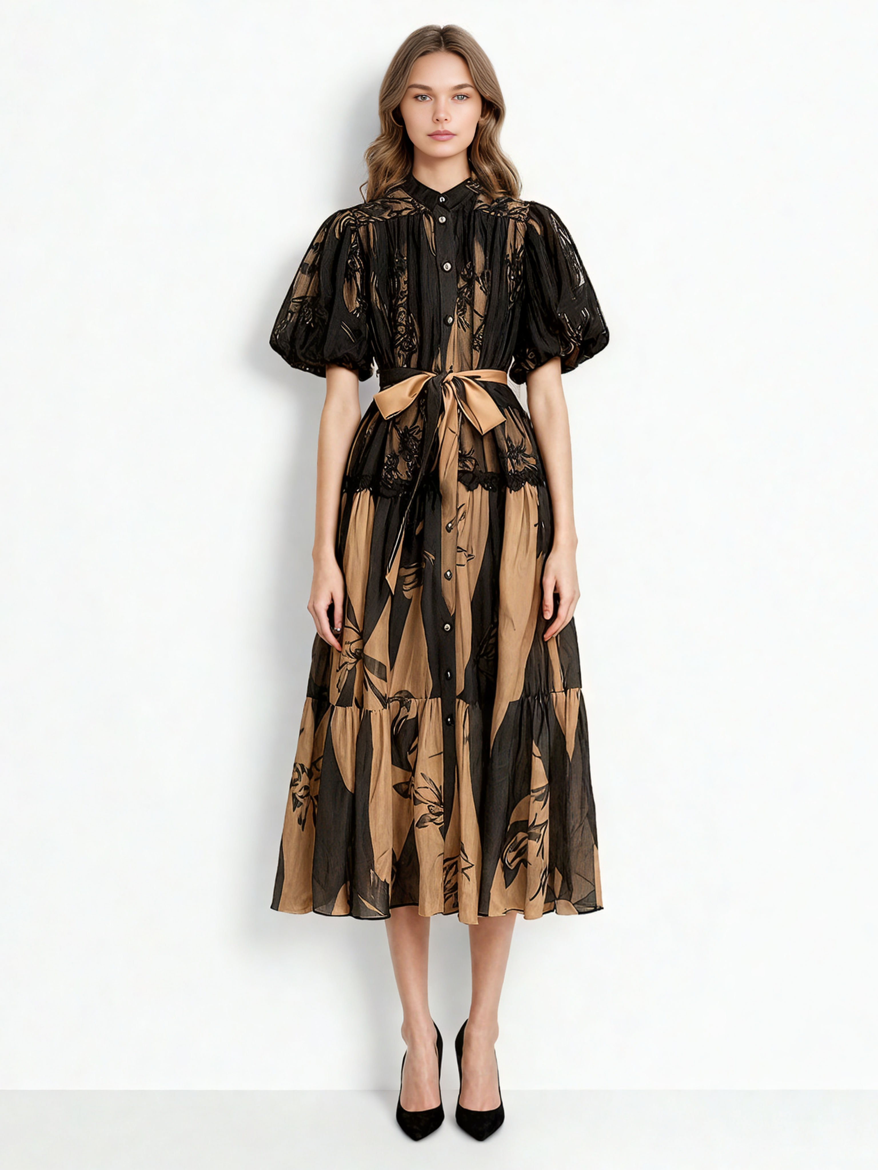 Teotwin Style TWOTWINSTYLE Vintage Hit Color Ruched Midi Dress