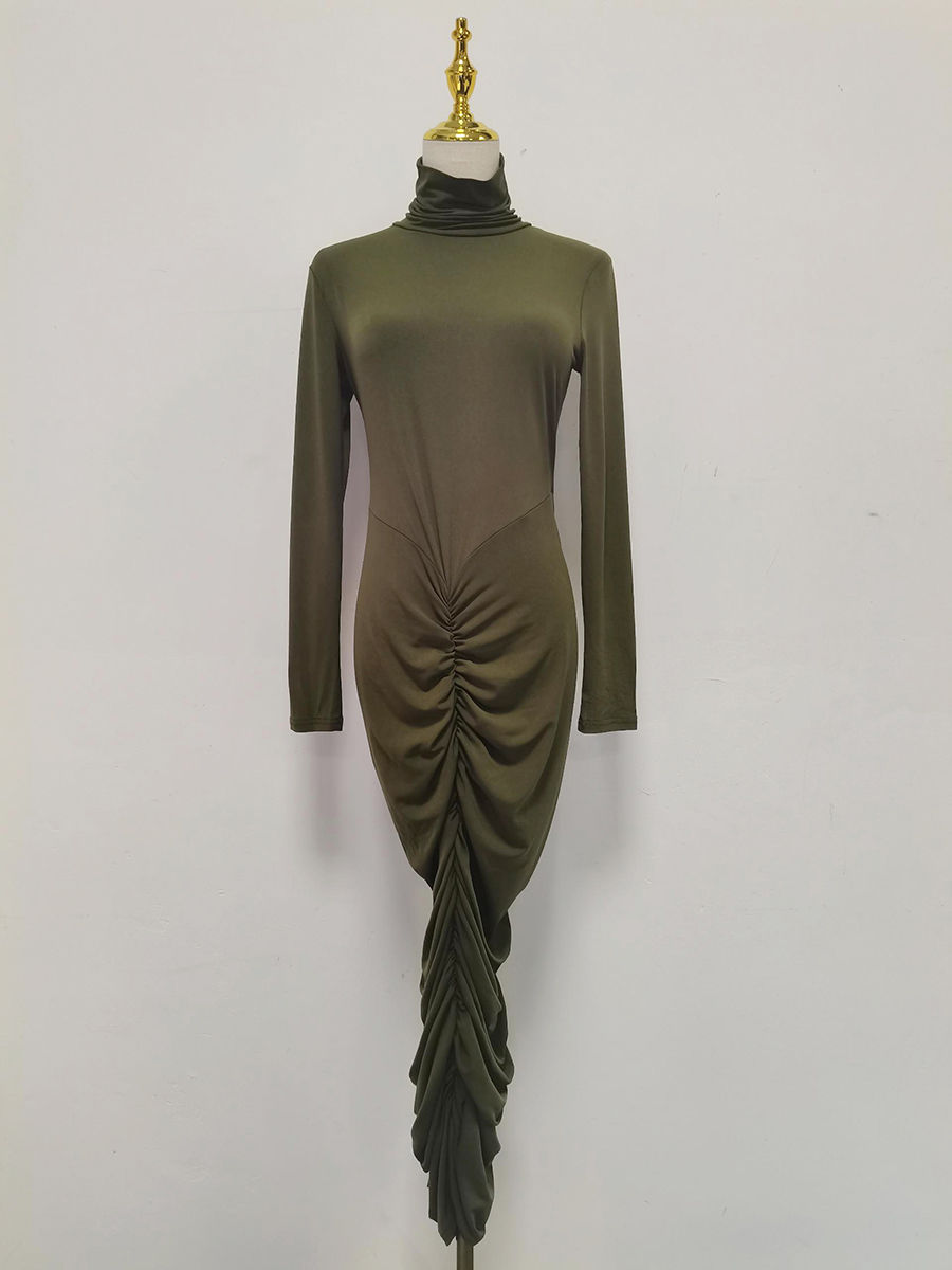 TWOTWINSTYLE Stand Collar Pleated Temperament Midi Dress