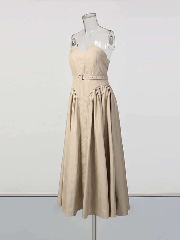 TWOTWINSTYLE Solid Strapless Spliced Belt Midi Dress