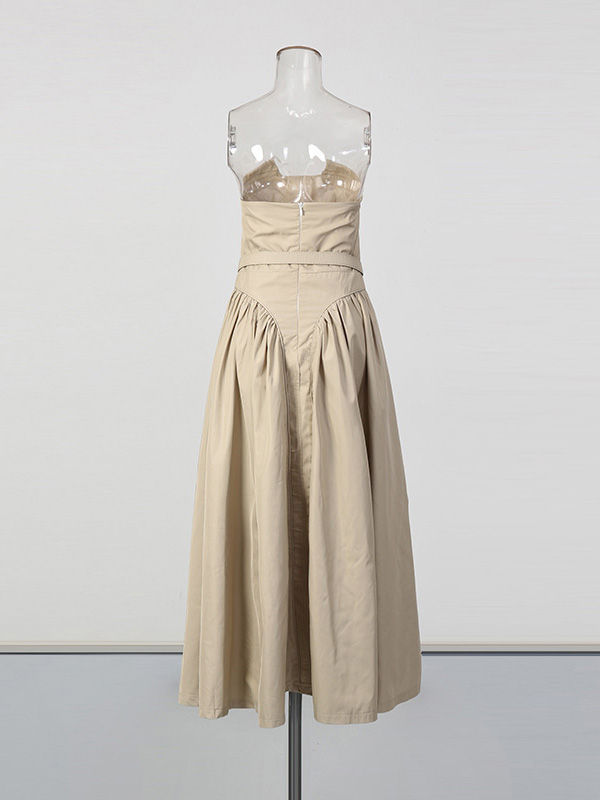 TWOTWINSTYLE Solid Strapless Spliced Belt Midi Dress
