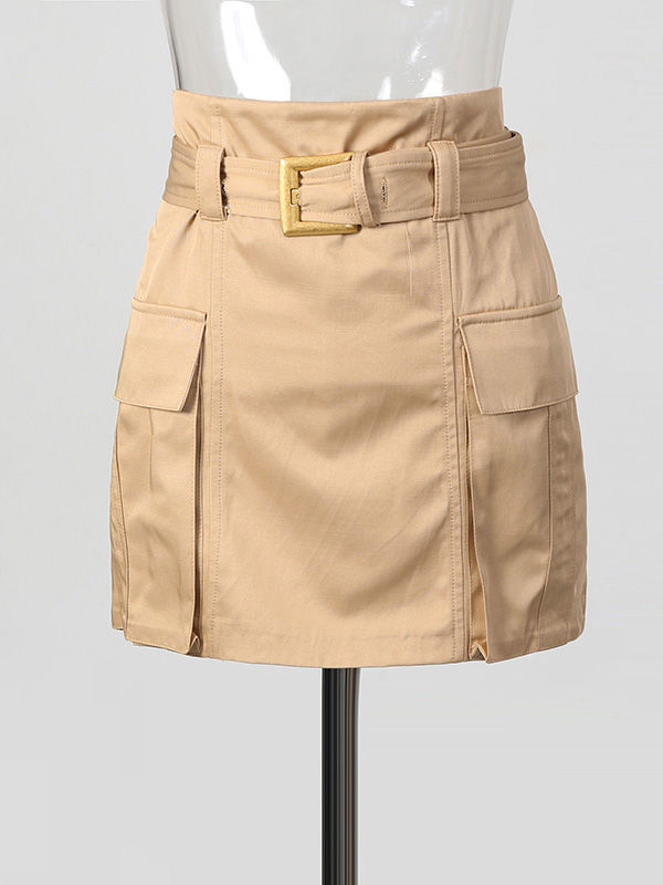 TWOTWINSTYLE High Waist Spliced Belt Chic Skirt