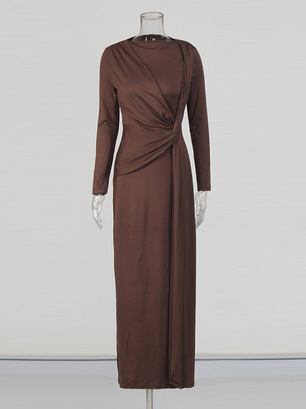 TWOTWINSTYLE Solid Ruched Long Sleeve Elegant Long Dress