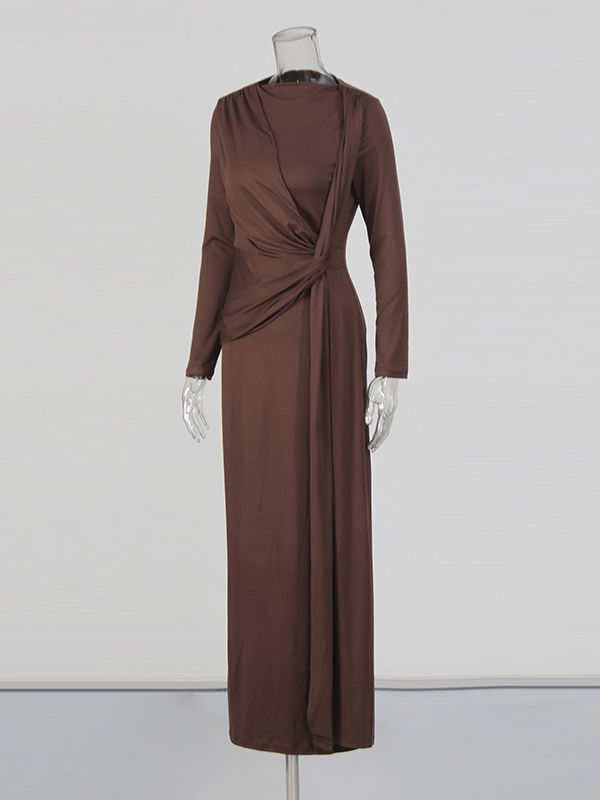 TWOTWINSTYLE Solid Ruched Long Sleeve Elegant Long Dress