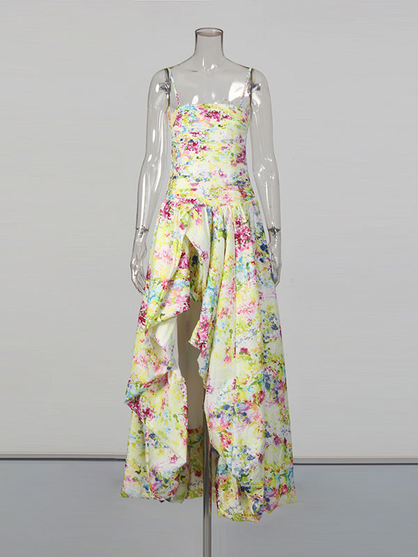 TWOTWINSTYLE Patchwork Strap Print Ruched Long Dress
