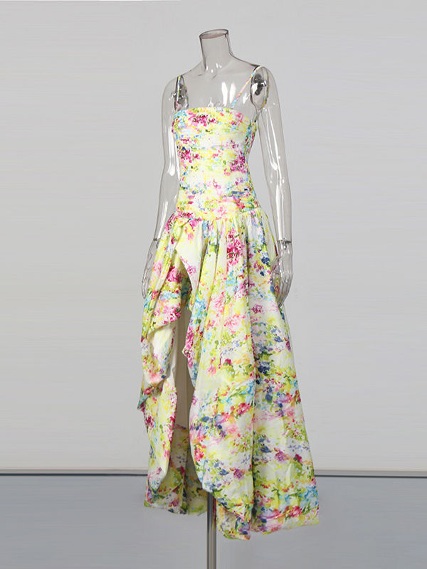 TWOTWINSTYLE Patchwork Strap Print Ruched Long Dress