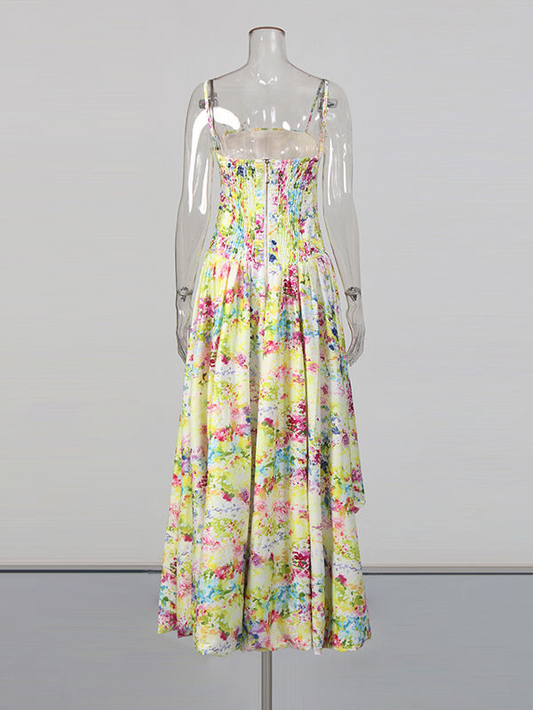 TWOTWINSTYLE Patchwork Strap Print Ruched Long Dress