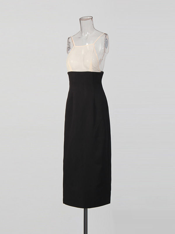 TWOTWINSTYLE Elegant Hit Color Hollow Out Spliced Lace Long Dress