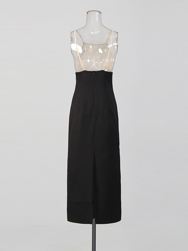 TWOTWINSTYLE Elegant Hit Color Hollow Out Spliced Lace Long Dress