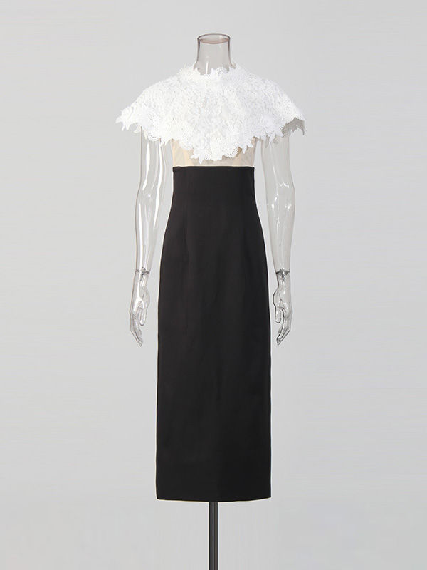 TWOTWINSTYLE Elegant Hit Color Hollow Out Spliced Lace Long Dress