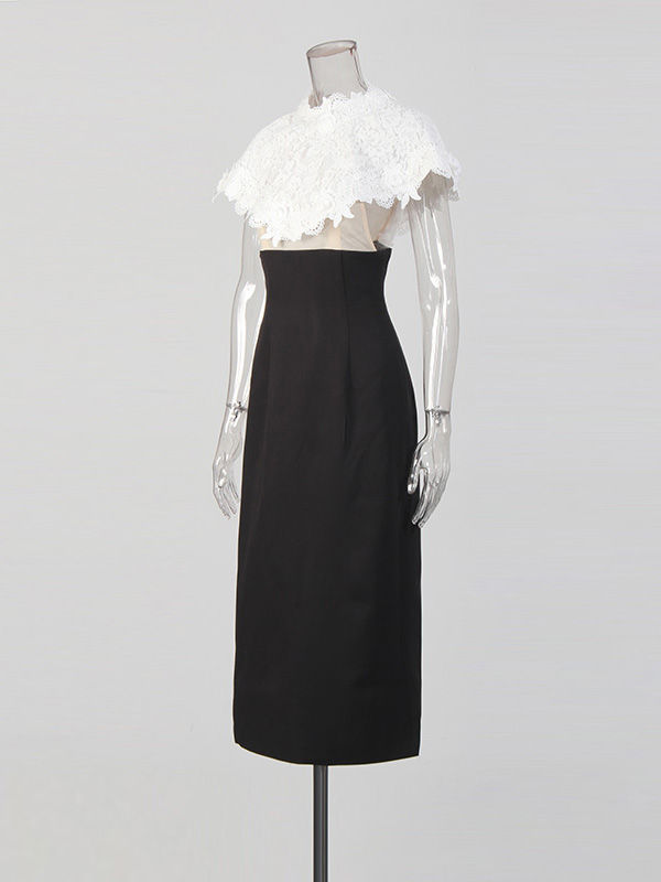 TWOTWINSTYLE Elegant Hit Color Hollow Out Spliced Lace Long Dress