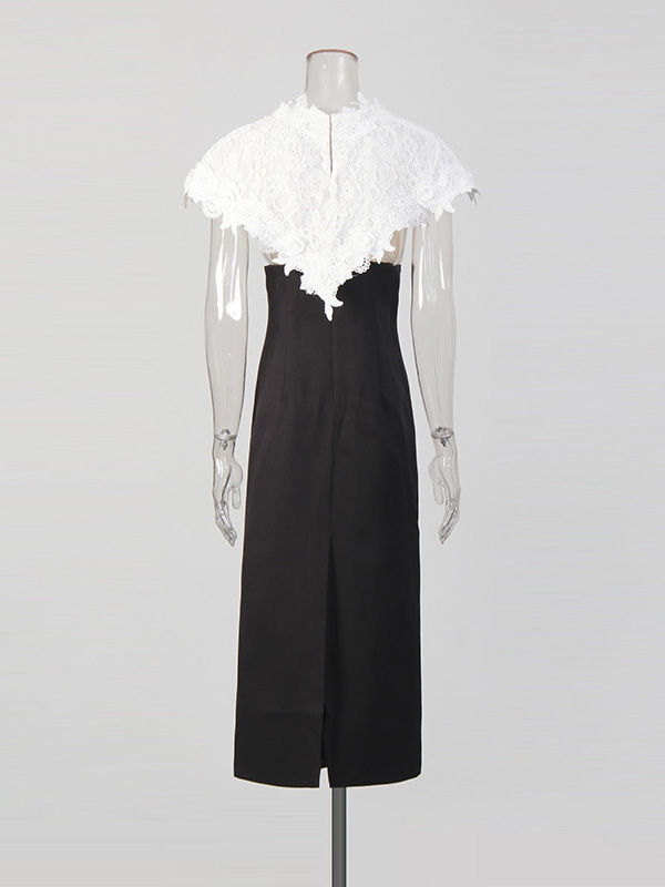 TWOTWINSTYLE Elegant Hit Color Hollow Out Spliced Lace Long Dress