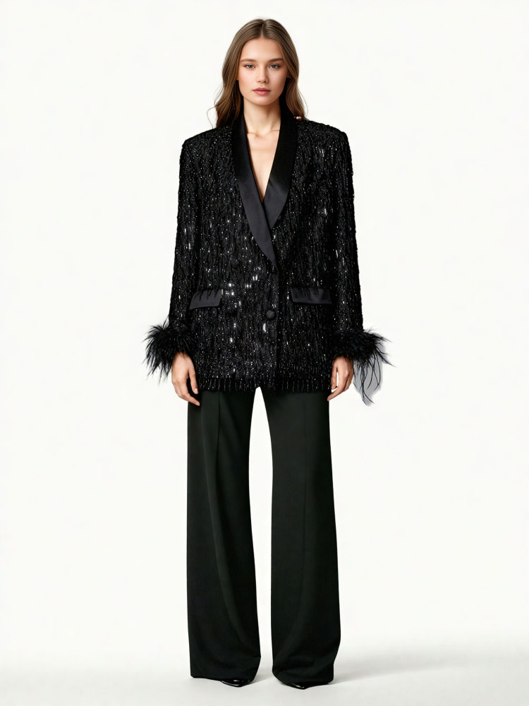TWOTWINSTYLE Fashion Patchwork Sequins Lapel Coat