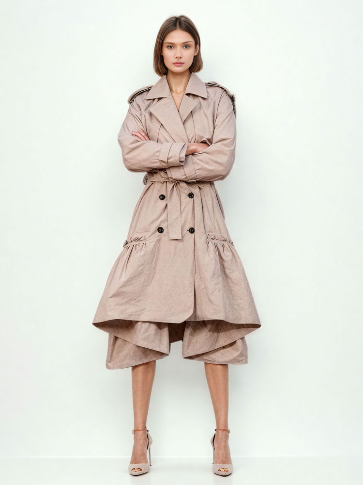 TWOTWINSTYLE Solid Spliced Lace Up Pleated Windbreaker