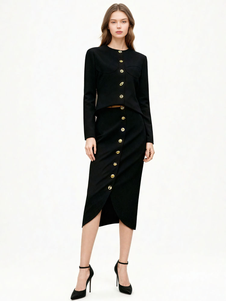TWOTWINSTYLE Spliced Drawstring Top Single Breasted Skirt Two Piece Set