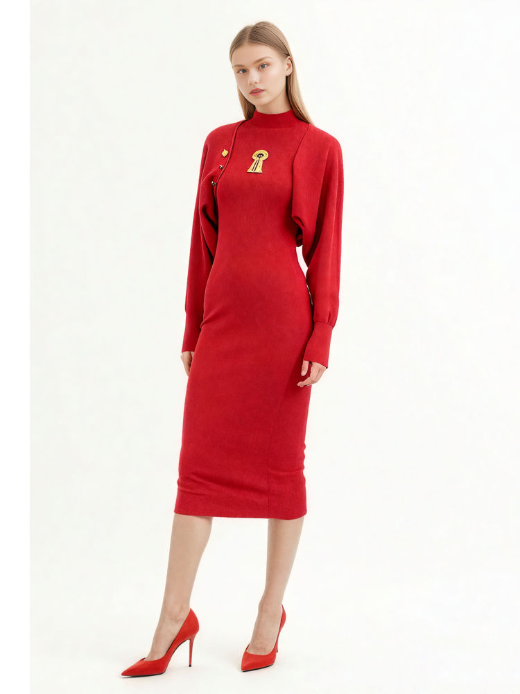 TWOTWINSTYLE Solid Stand Collar Slimming Dress