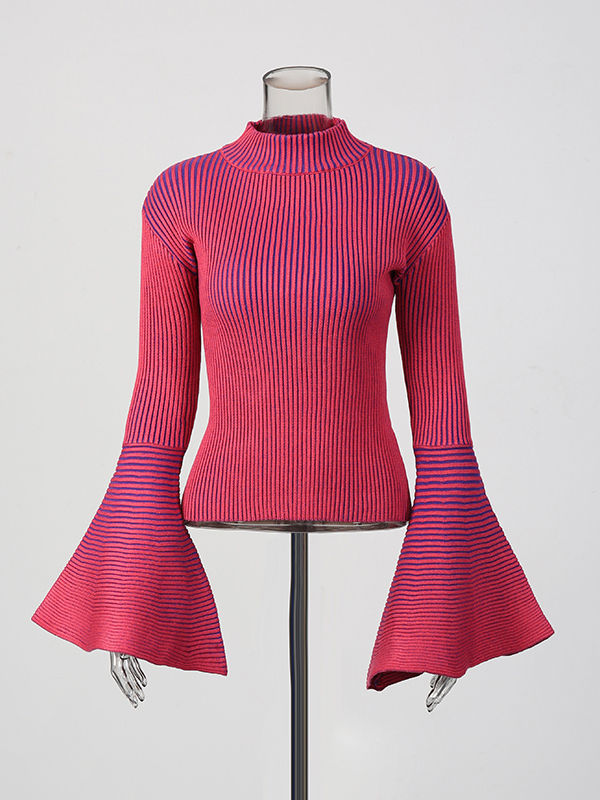 TWOTWINSTYLE Hit Color Striped Stand Collar Ruffle Sleeve Sweater