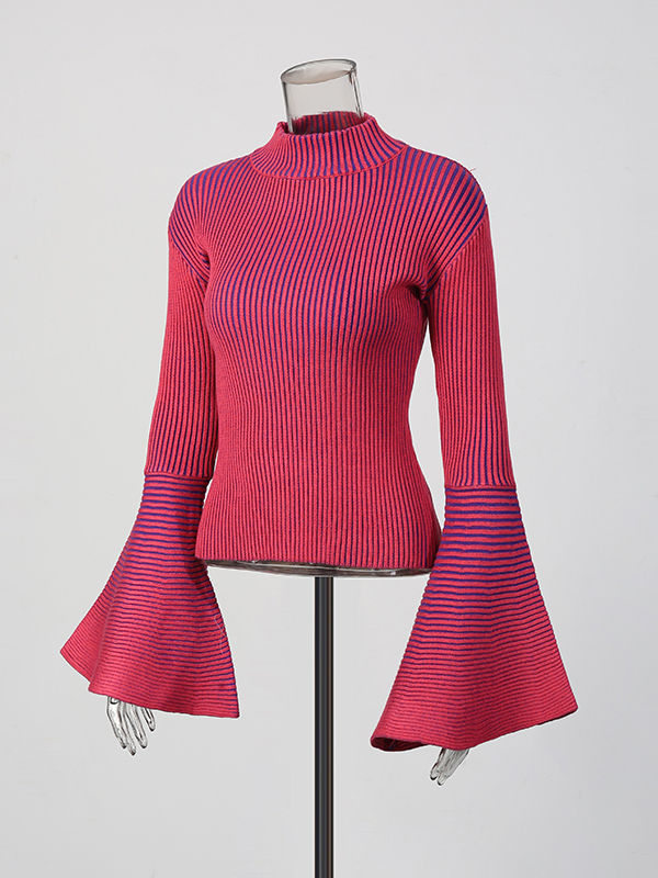 TWOTWINSTYLE Hit Color Striped Stand Collar Ruffle Sleeve Sweater
