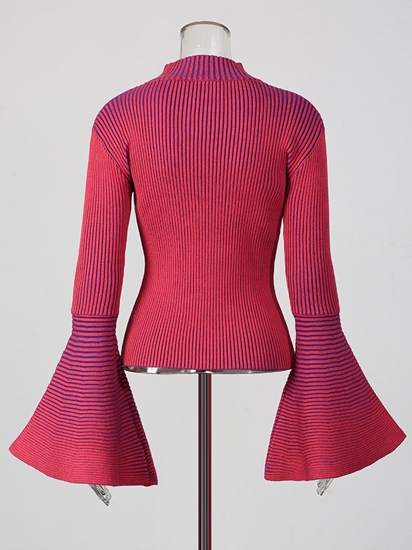 TWOTWINSTYLE Hit Color Striped Stand Collar Ruffle Sleeve Sweater