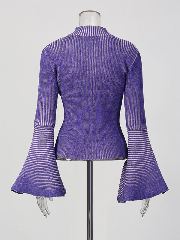 TWOTWINSTYLE Hit Color Striped Stand Collar Ruffle Sleeve Sweater