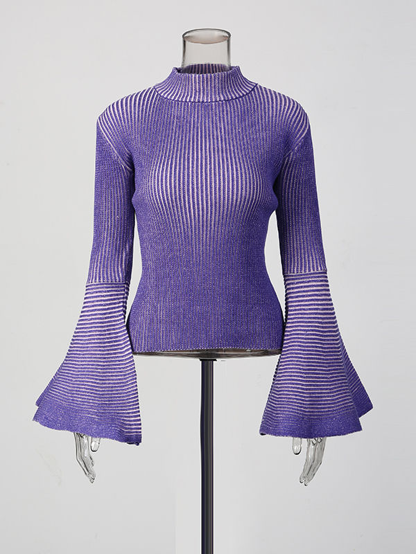 TWOTWINSTYLE Hit Color Striped Stand Collar Ruffle Sleeve Sweater