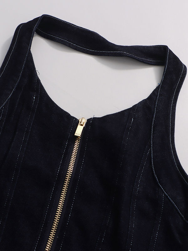 TWOTWINSTYLE Square Collar Sleeveless Denim Long Dress