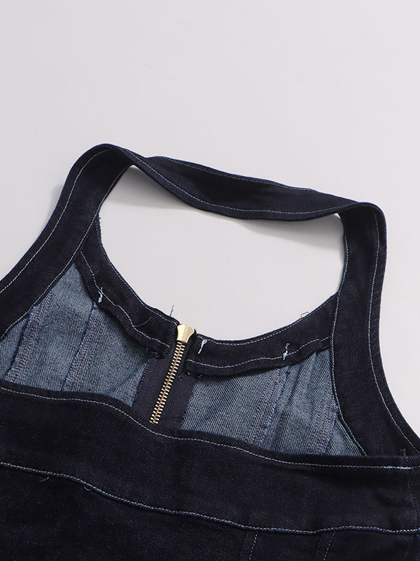 TWOTWINSTYLE Square Collar Sleeveless Denim Long Dress