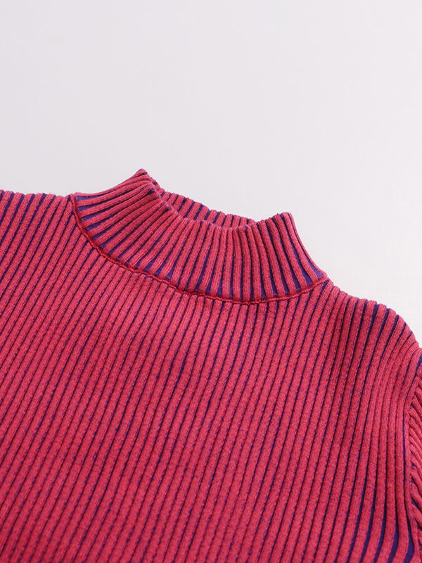 TWOTWINSTYLE Hit Color Striped Stand Collar Ruffle Sleeve Sweater