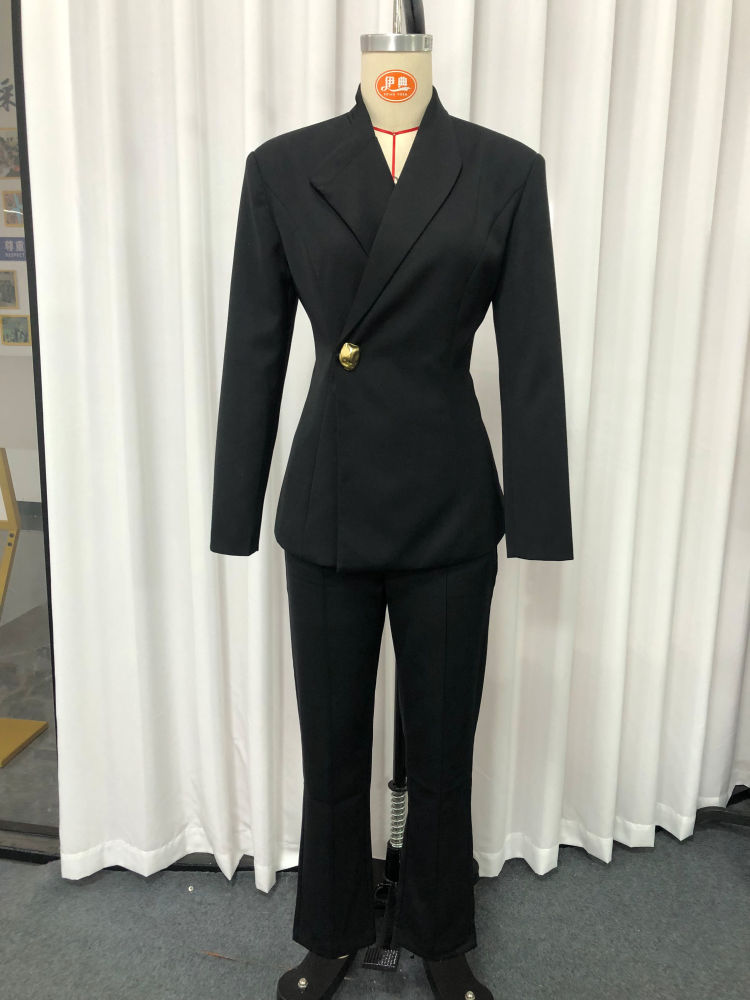 TWOTWINSTYLE Solid Lapel Spliced Metal Button Blazer High Waist Pant Two Piece Set
