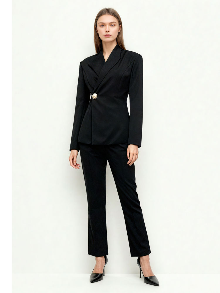 TWOTWINSTYLE Solid Lapel Spliced Metal Button Blazer High Waist Pant Two Piece Set