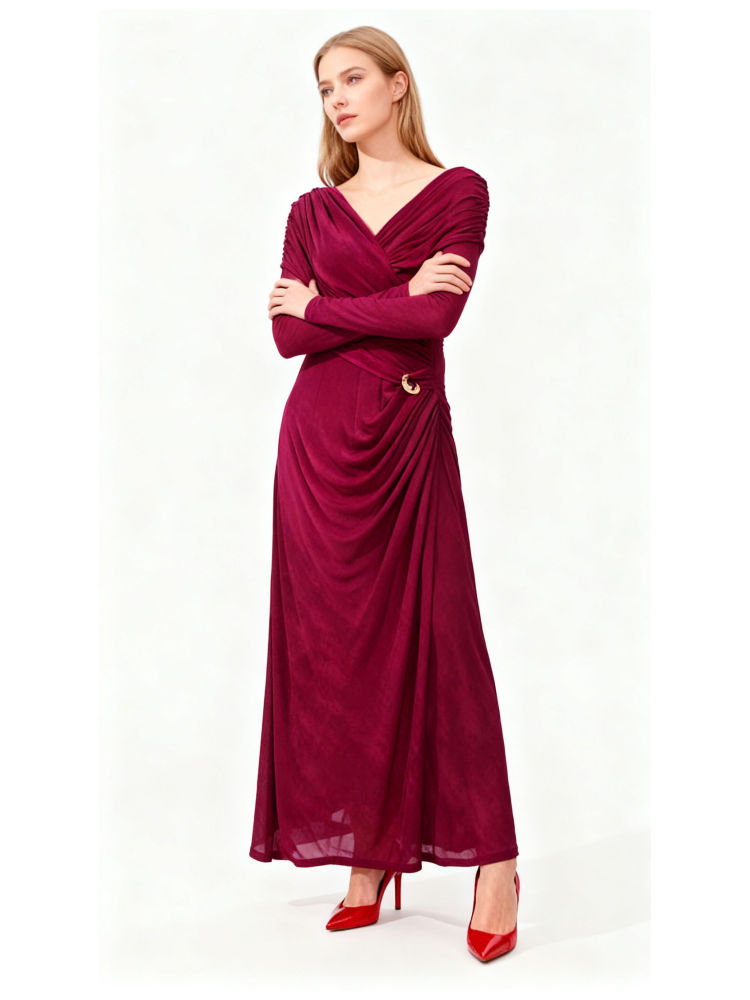 TWOTWINSTYLE Solid Pleated V Neck Tunic Maxi Dress
