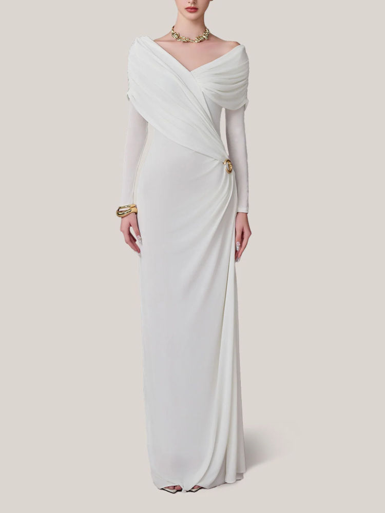 TWOTWINSTYLE Solid Pleated V Neck Tunic Maxi Dress