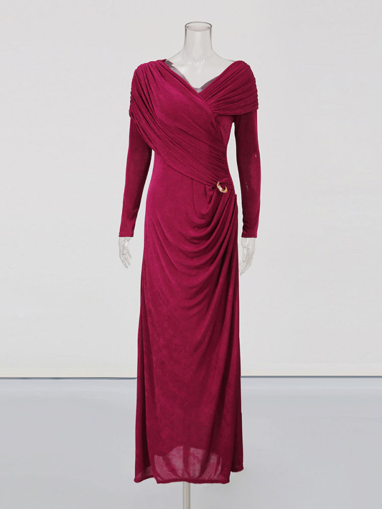 TWOTWINSTYLE Solid Pleated V Neck Tunic Maxi Dress