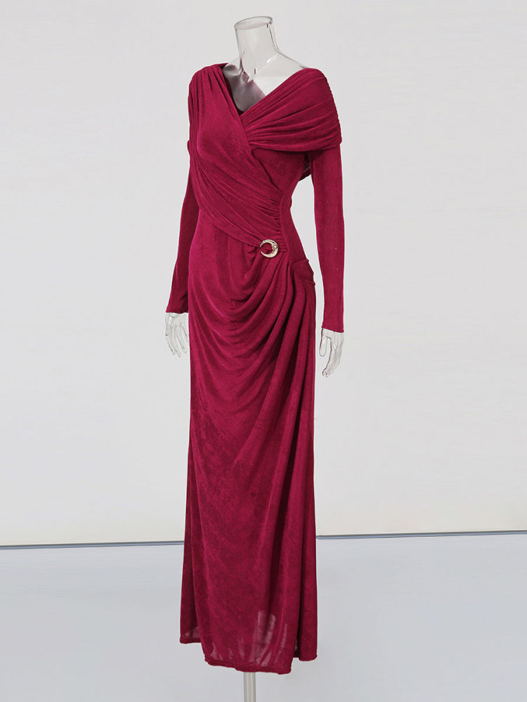 TWOTWINSTYLE Solid Pleated V Neck Tunic Maxi Dress