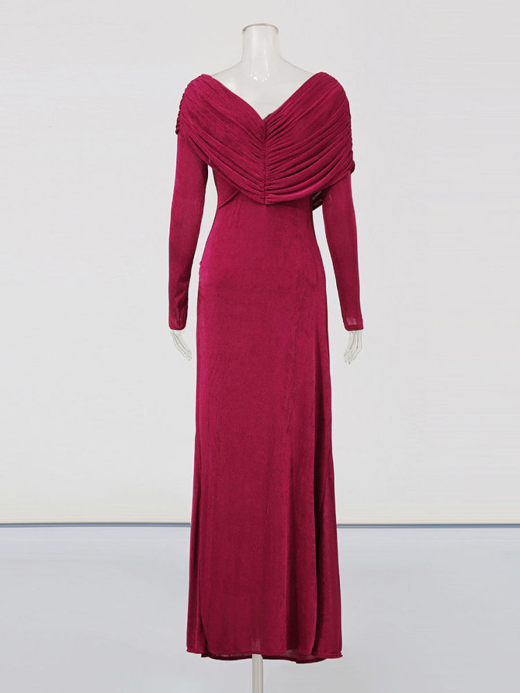 TWOTWINSTYLE Solid Pleated V Neck Tunic Maxi Dress