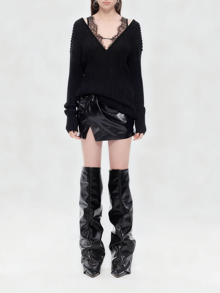 TWOTWINSTYLE PU Leather Side Split Designer Skirt