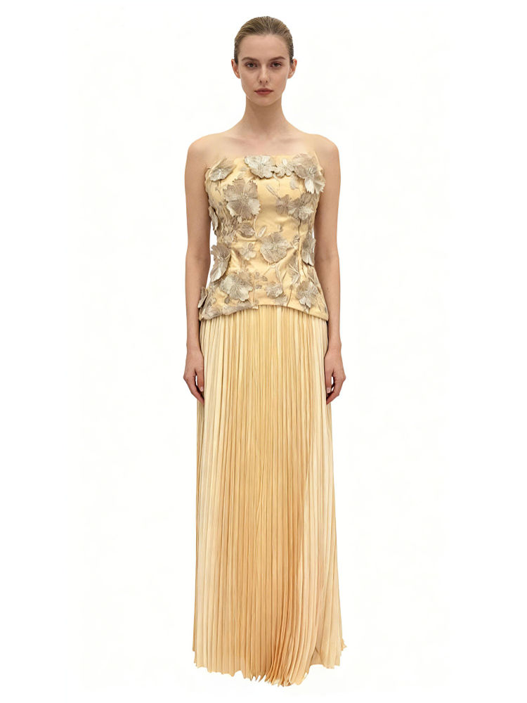 TWOTWINSTYLE Patchwork 3D Flower Strapless Top Ruched Skirt Two Piece Set